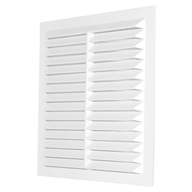 Louvre Vent 235mm x 235mm with fly screen, white louvered grille