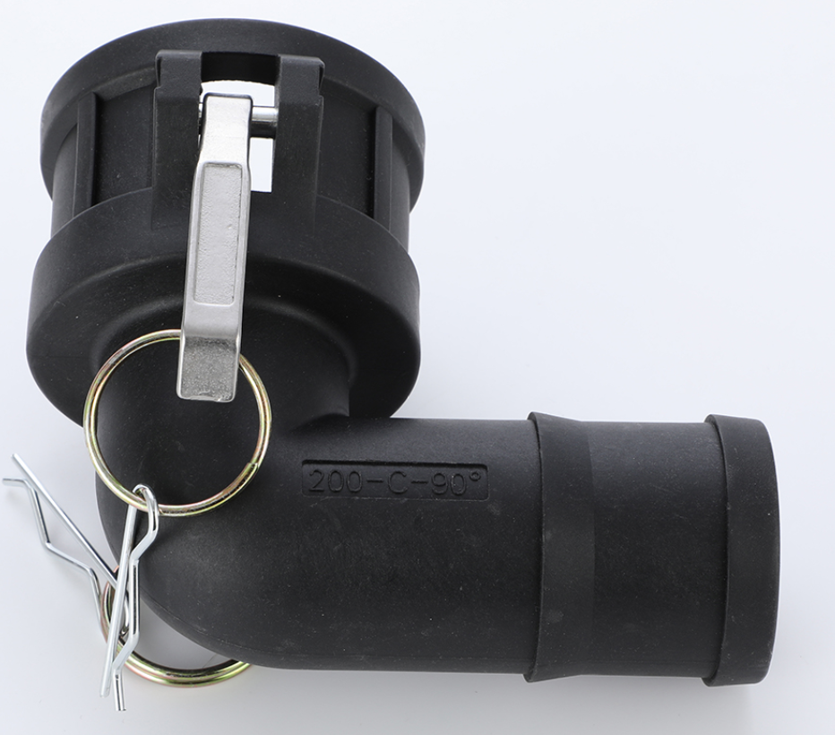 90-degree female camlock 3" barb elbow fitting, black plastic with metal clip and rings