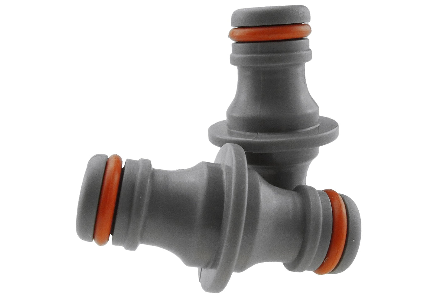 Angled view of male two-way connector, grey body and orange sealing rings