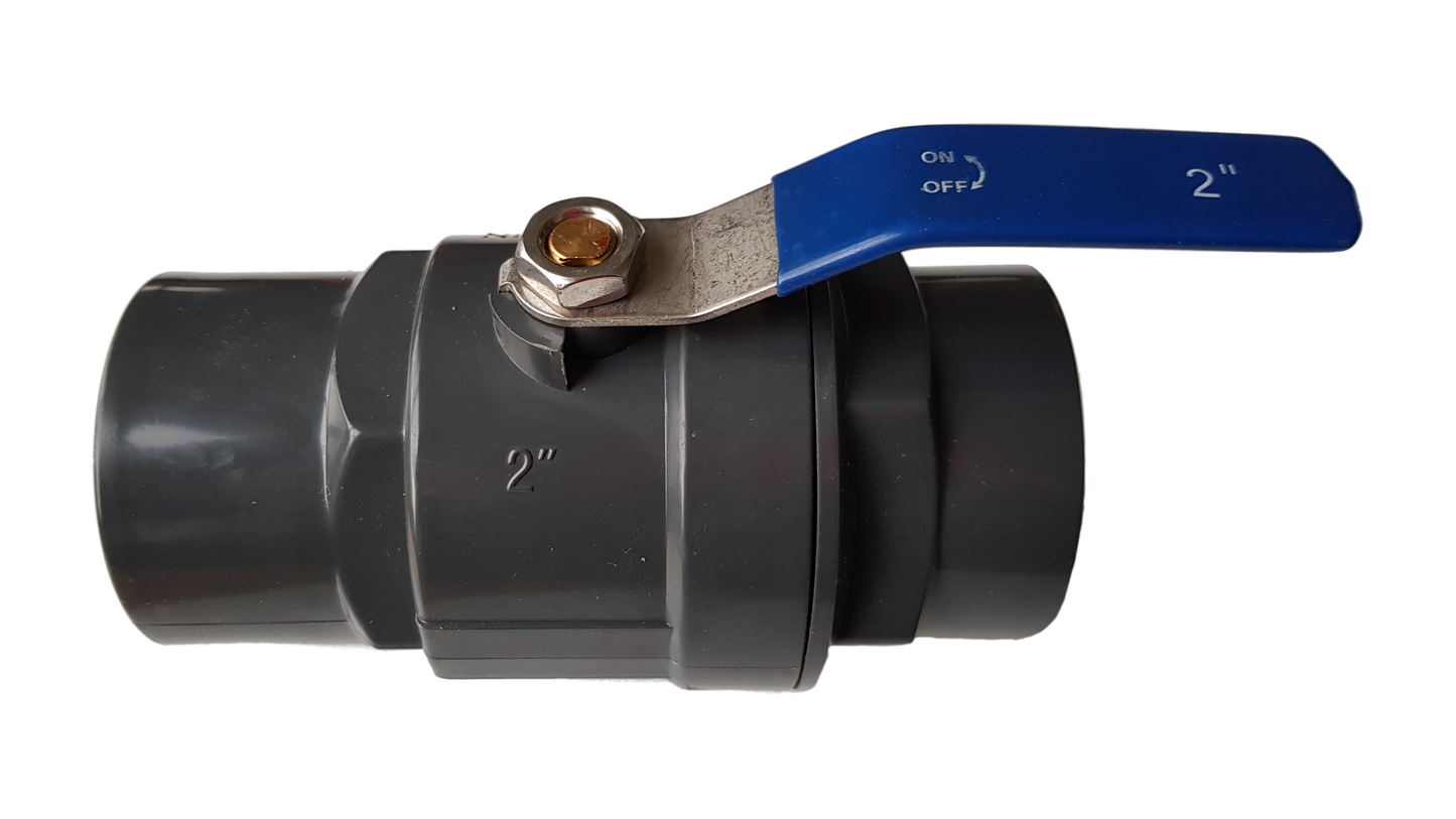 PP 2" BSPF stopcock ball valve, blue handle, black body with 2" marking