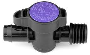 Antelco Purple Back® valve with 13 mm barb and 3/4" threaded end, gray body
