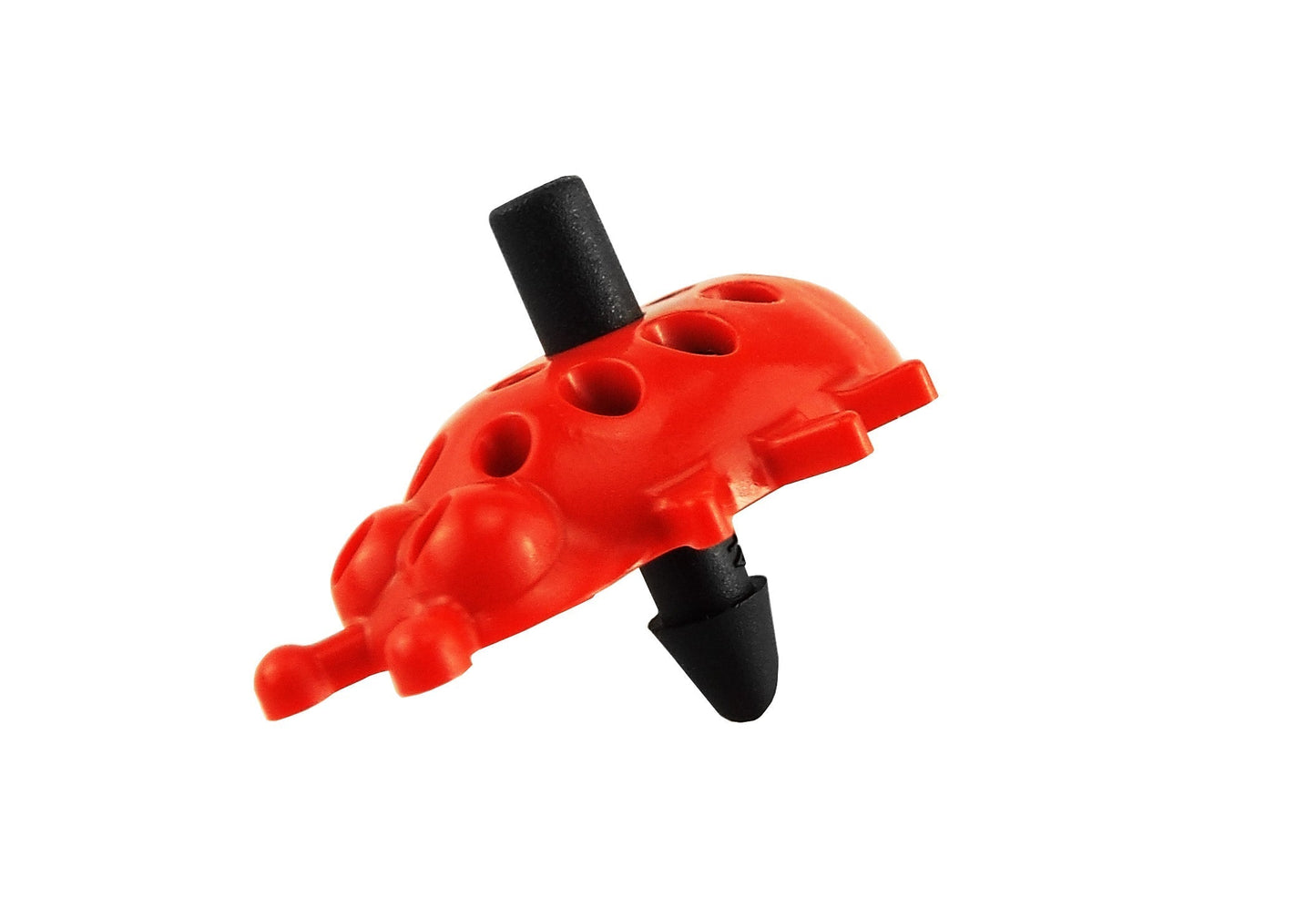 Ladybug dripper side view, red perforated body with black outlet tip