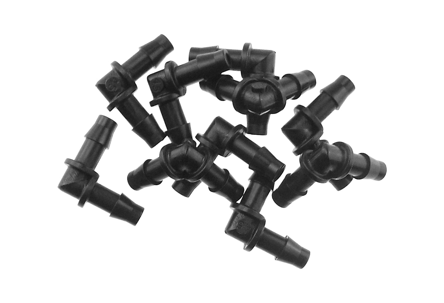 Assorted black 4.5mm barbed micro elbow connectors, 90° fittings in mixed angles