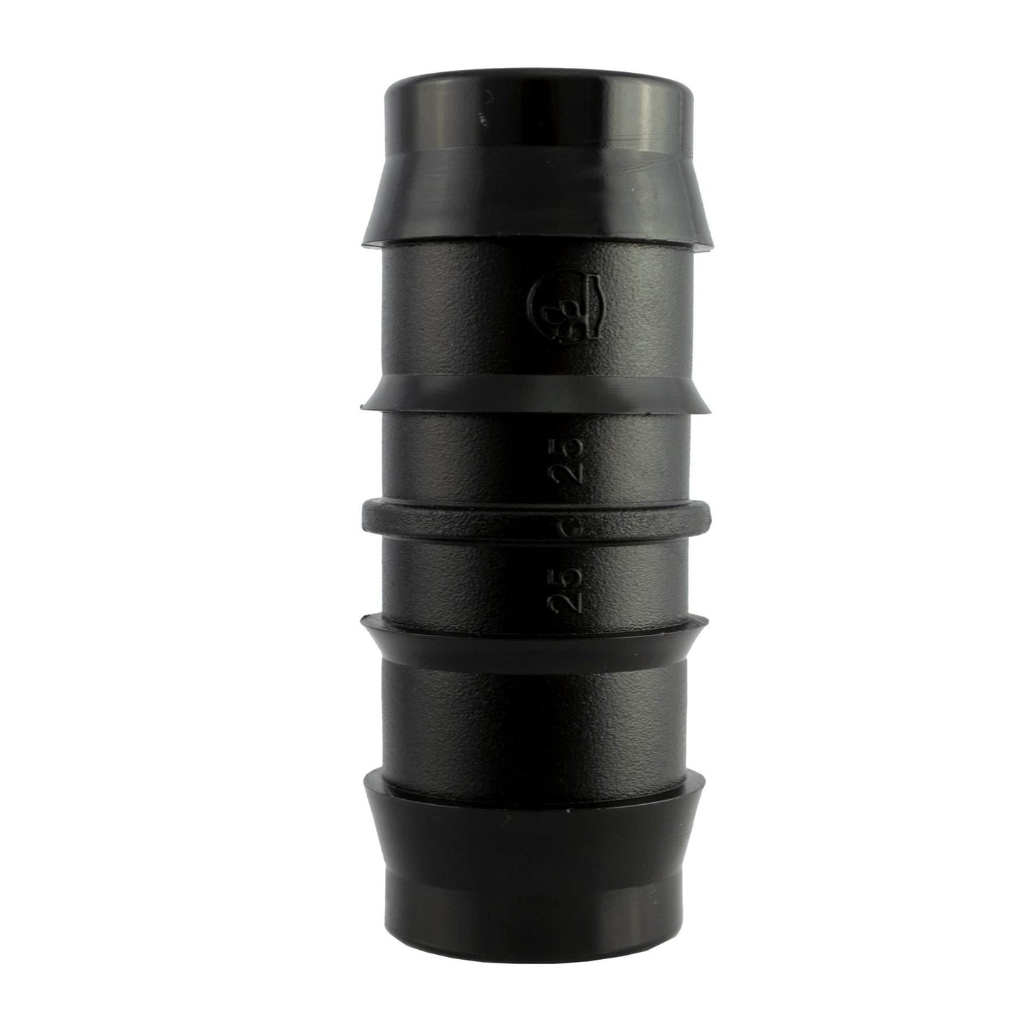 Double barb straight fitting 25mm, black plastic barbed connector