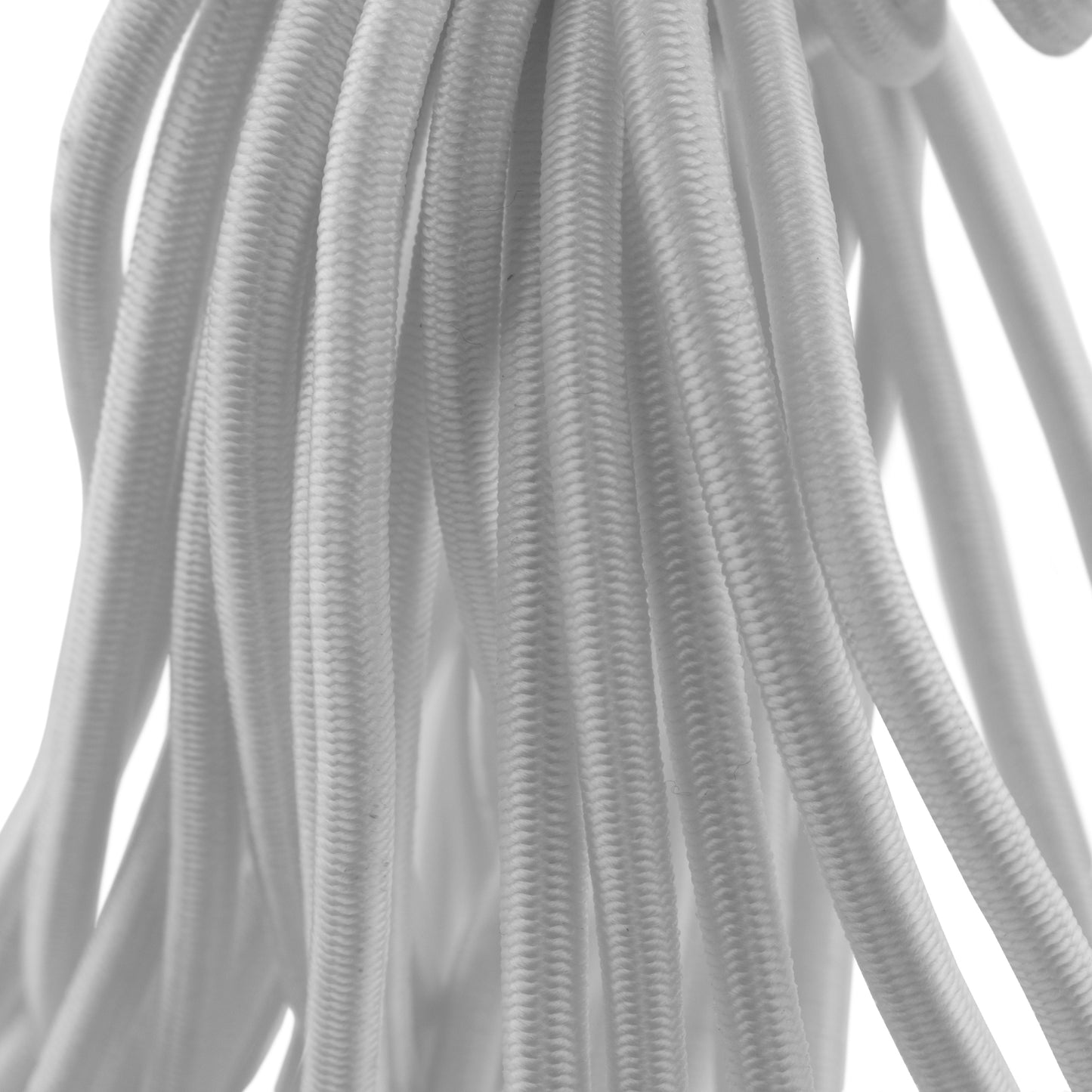 Close-up of white braided elastic cord for bungee balls