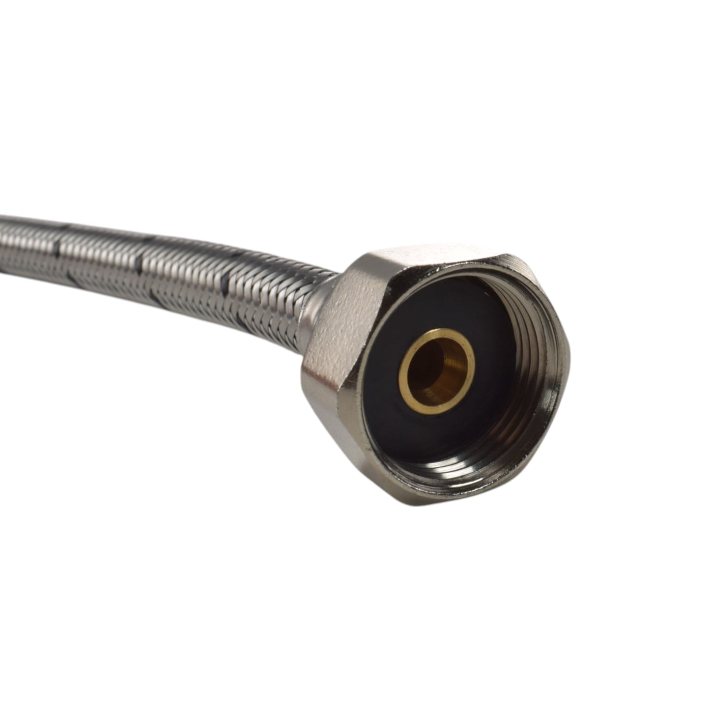 Flexible connector end with internal threads and brass-colored seal ring