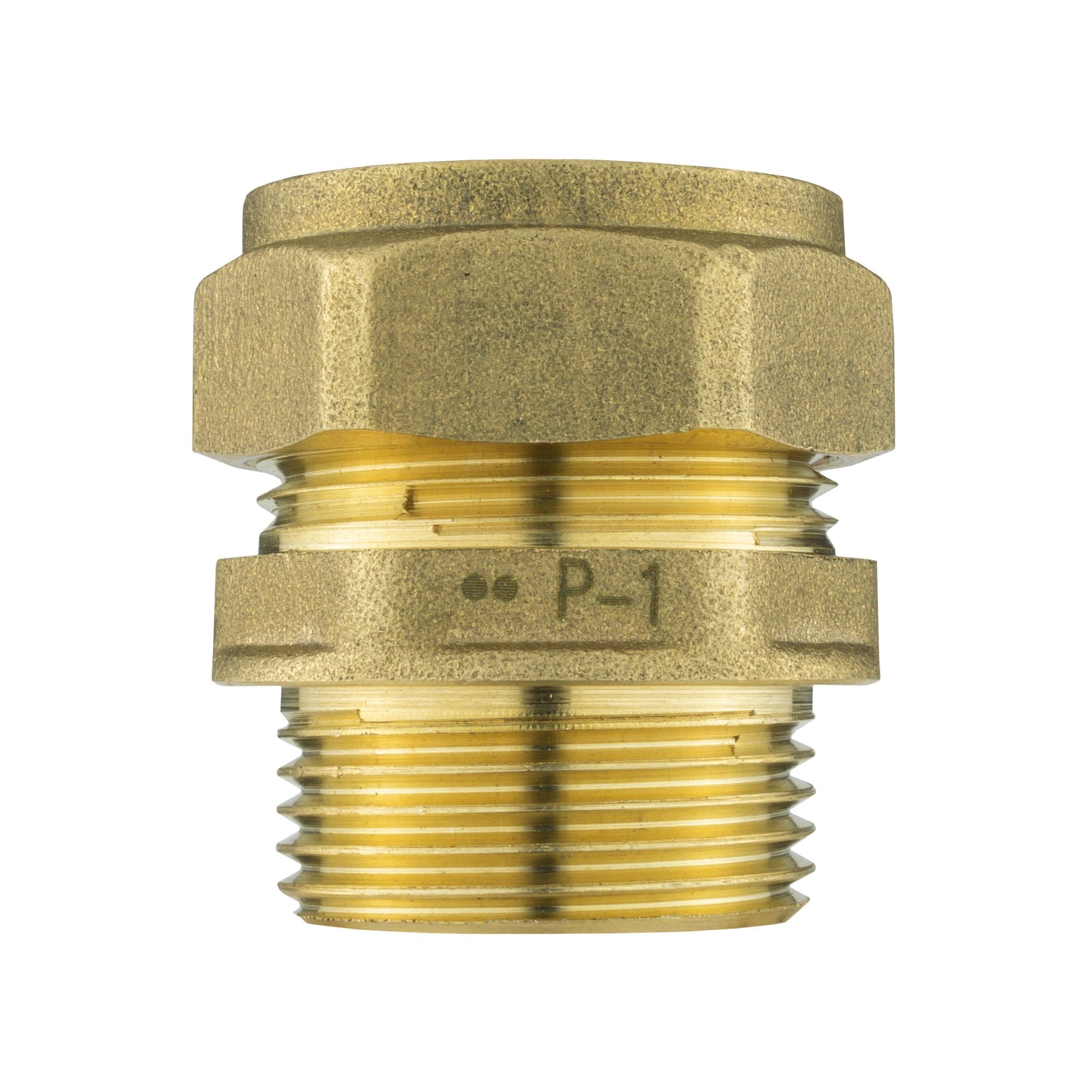 Brass straight threaded compression fitting, close-up of engraved markings and threads