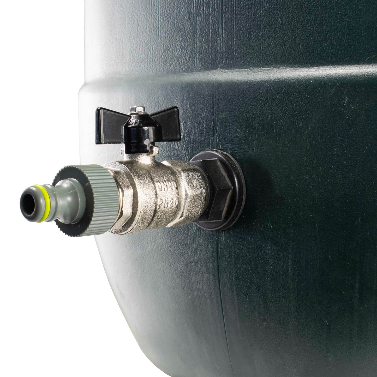 Water butt inlet fitting with 1/2" BSP valve, black lever, and quick-connect