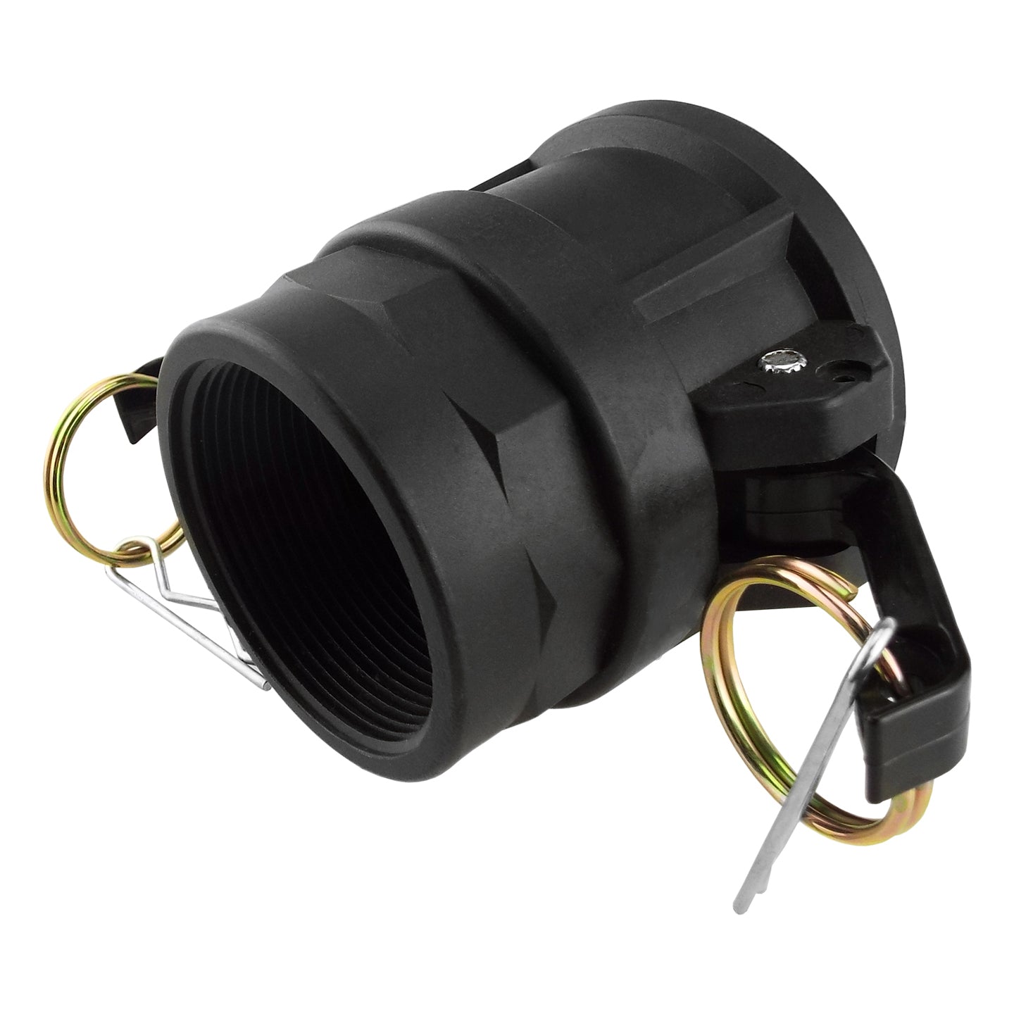 Black Type D camlock fitting with brass latch ring, spring clip, and threaded end
