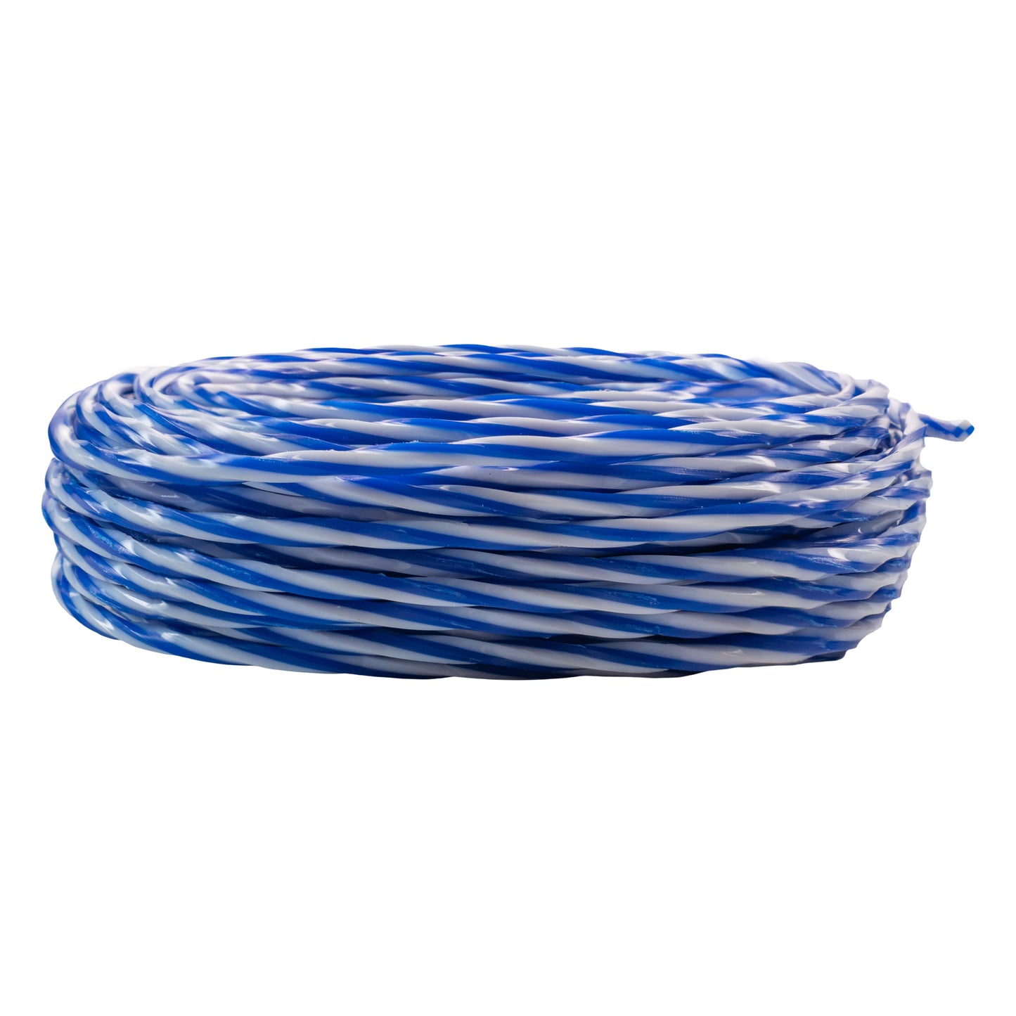 Blue and white strimmer line coil with loose end visible