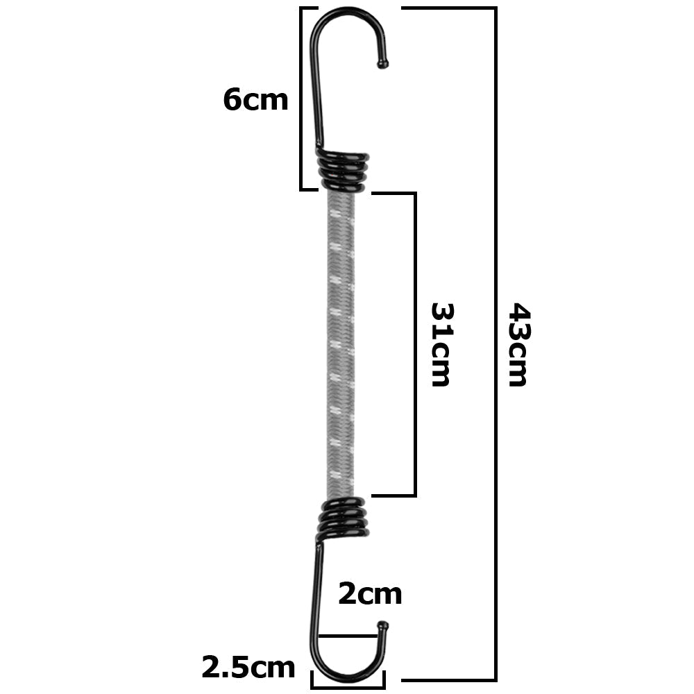 Bungee cord hook dimensions: 43cm length, 6cm top loop, 2cm hook width