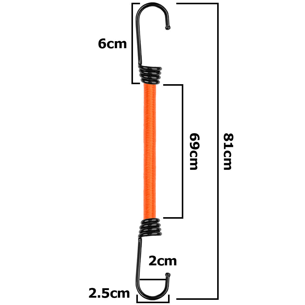 Orange Bungee-Kordel mit Metallhaken; Gesamtlänge 80 cm (Maßzeichnung)