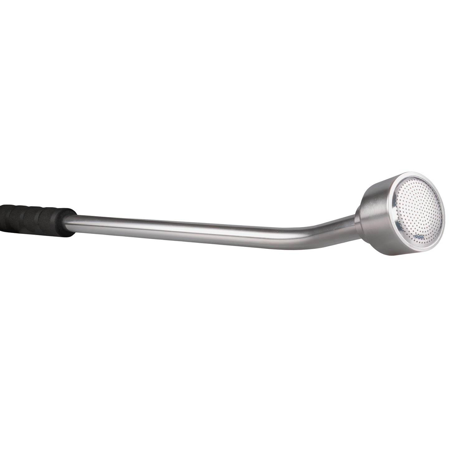 Silver spray head with perforated face on curved watering lance