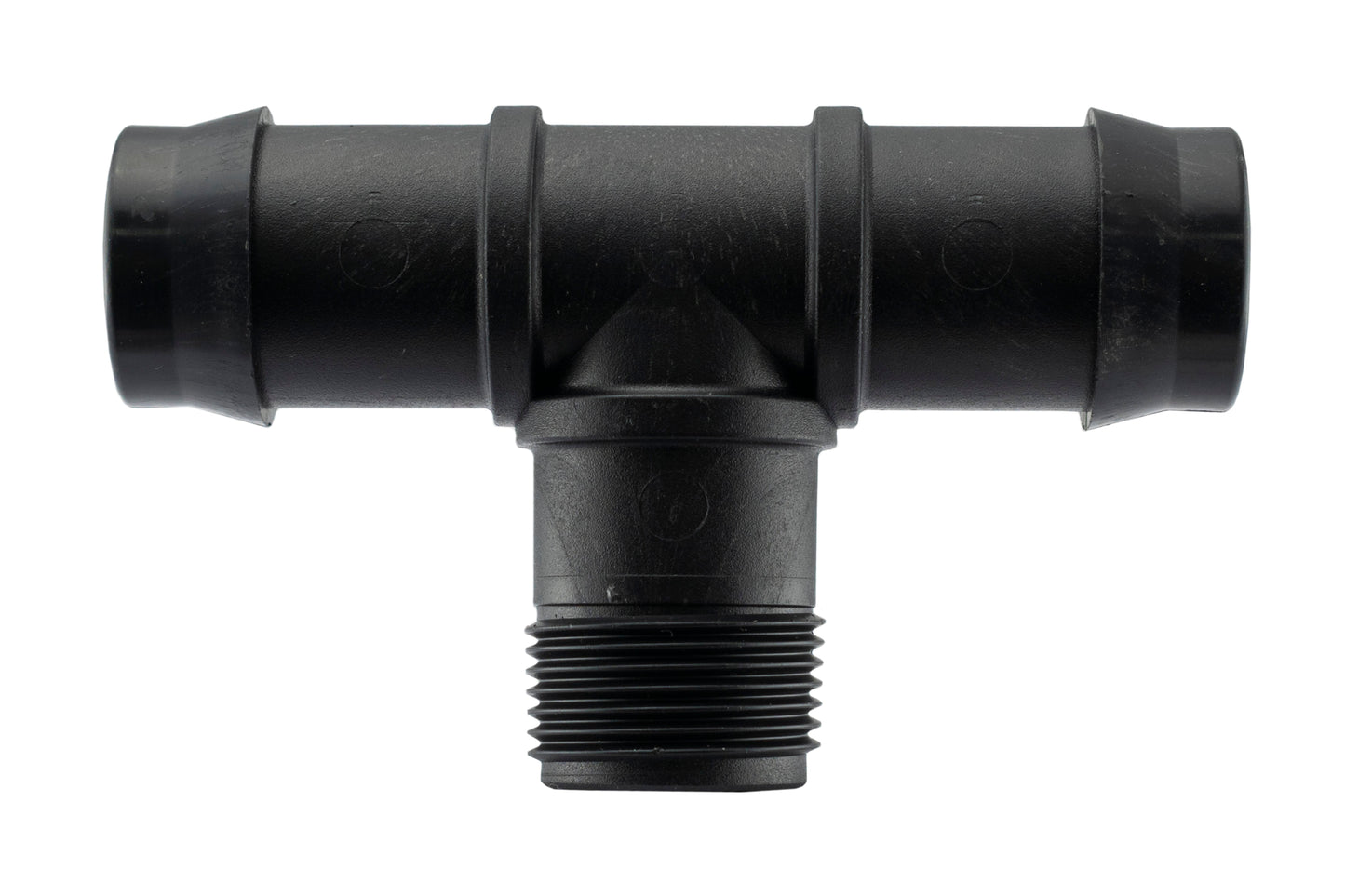 19mm barbed tee with male threads on a black plastic IBC fitting