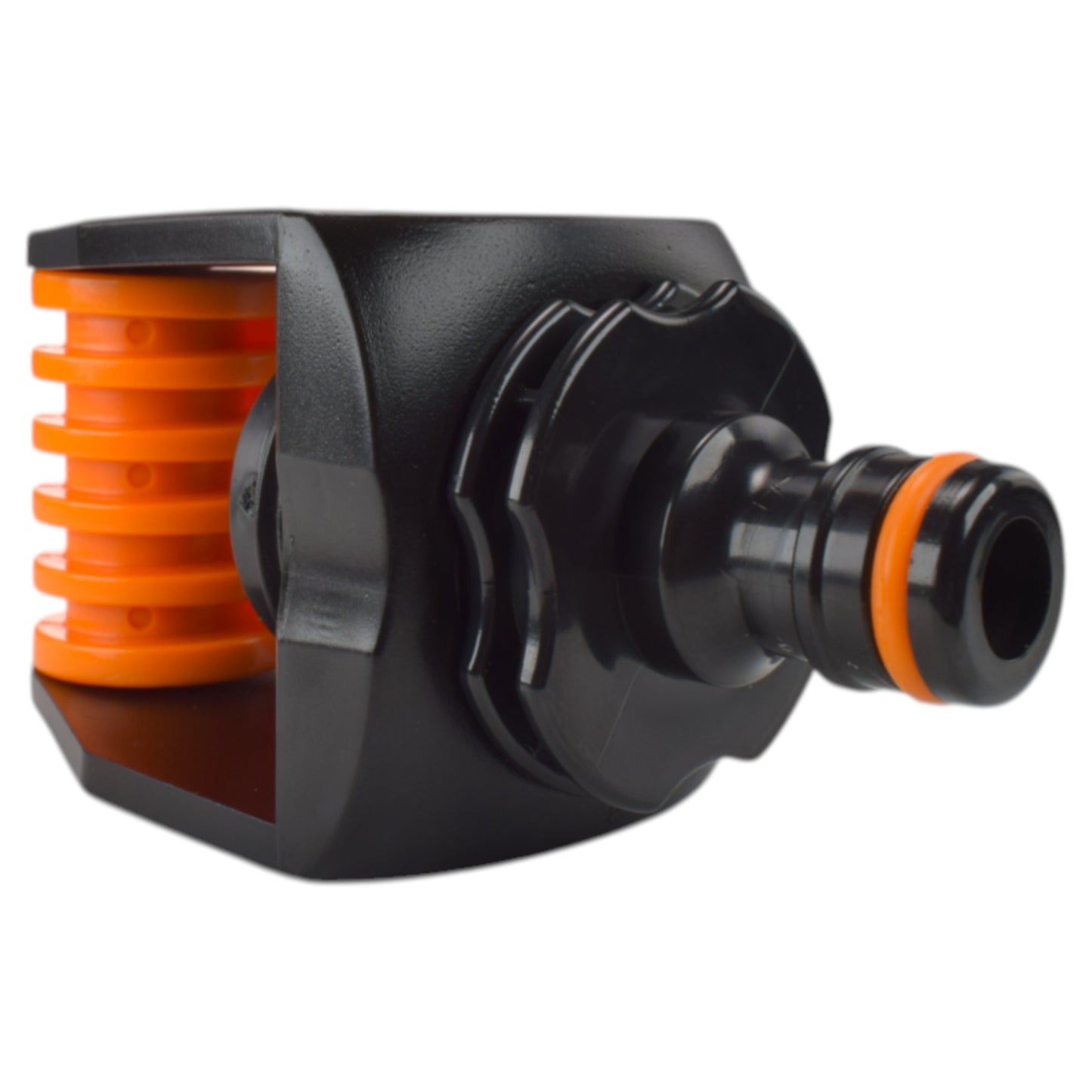 Black & orange kitchen tap connection with barbed hose tail and collar, 40mm
