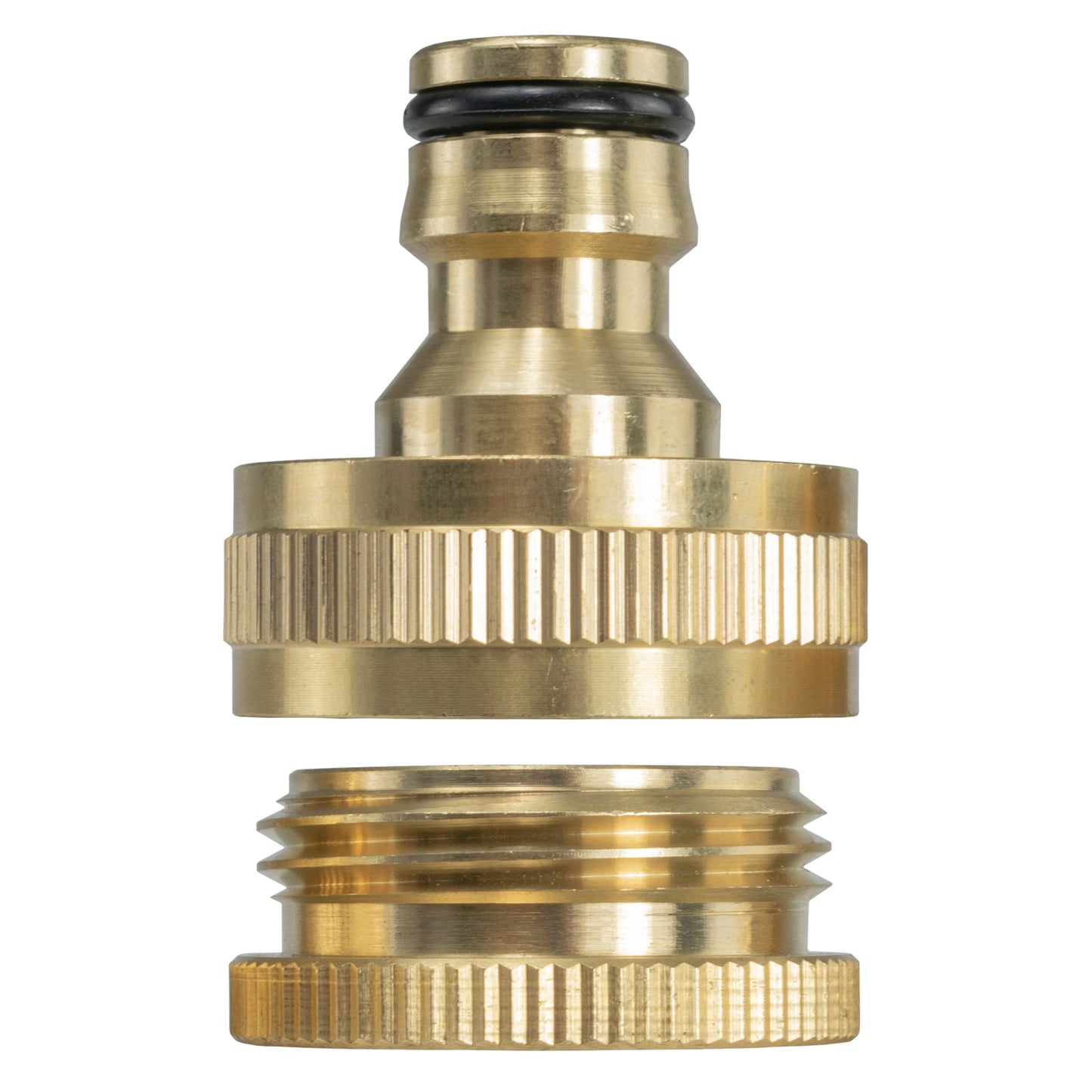 Brass BSPF 1"–3/4" tap connector with ribbed grip and black seal ring
