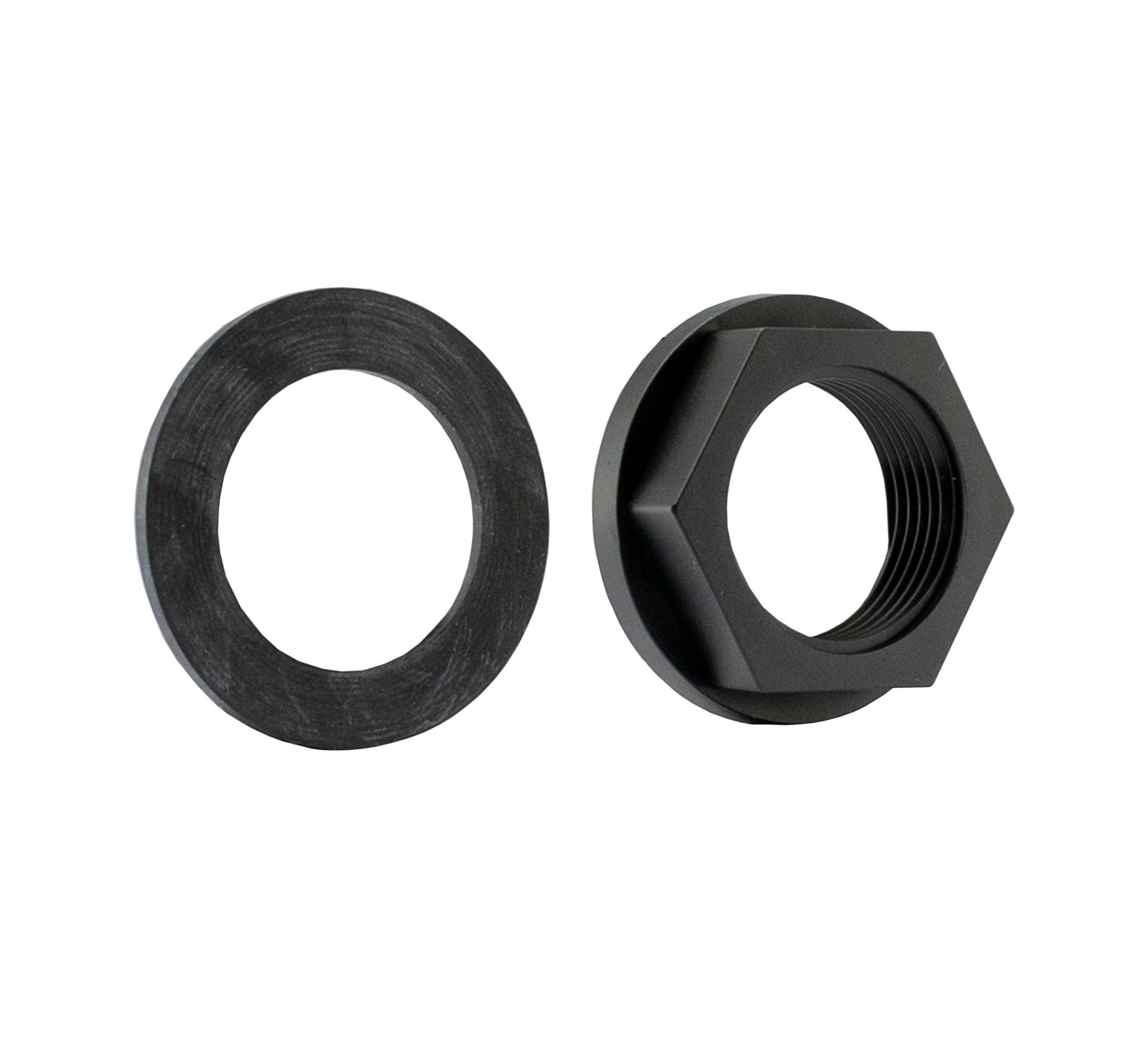 1.25" BSPF back nut with washer, dark metal round washer and threaded nut