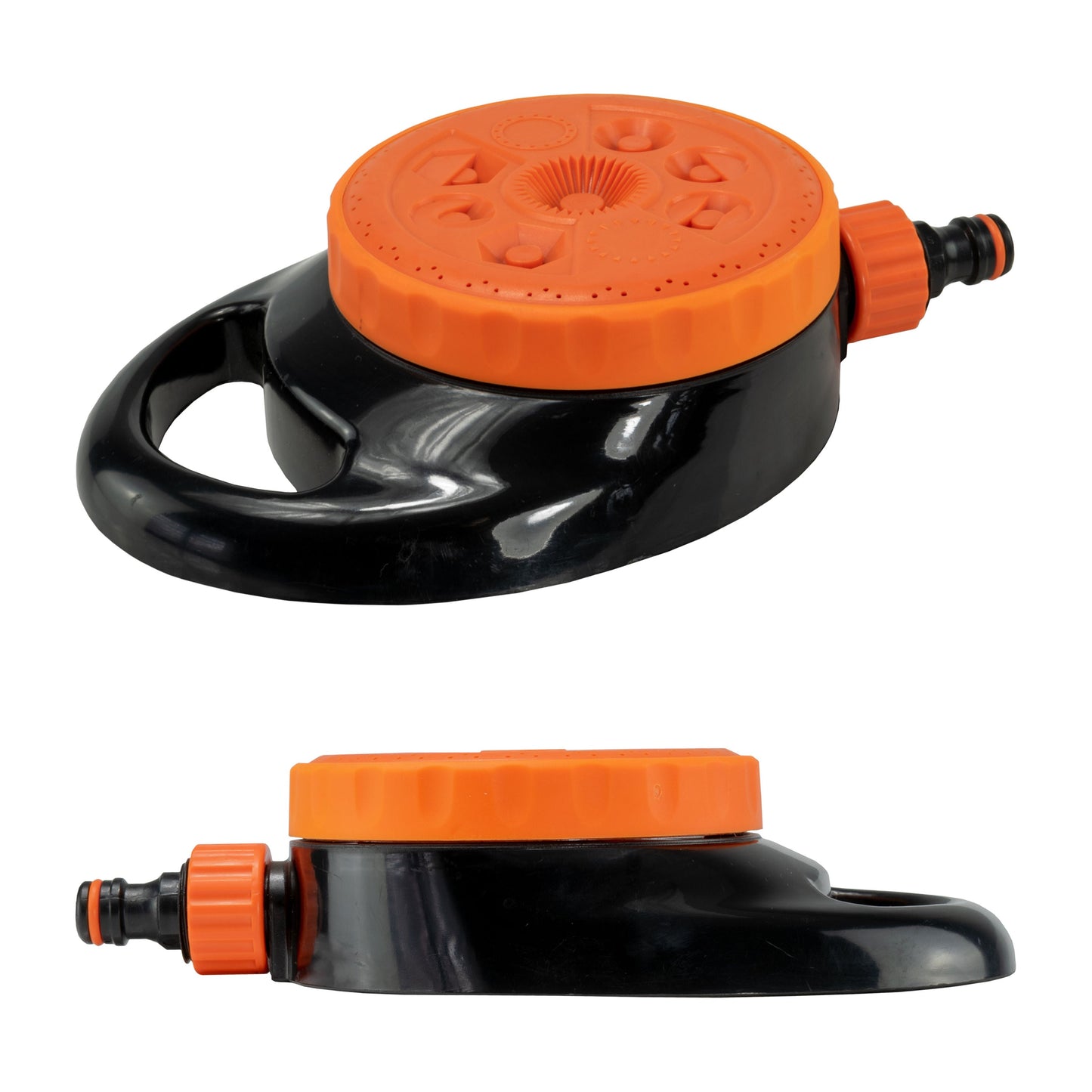 Static lawn sprinkler with orange circular spray plate and black U-shaped handle