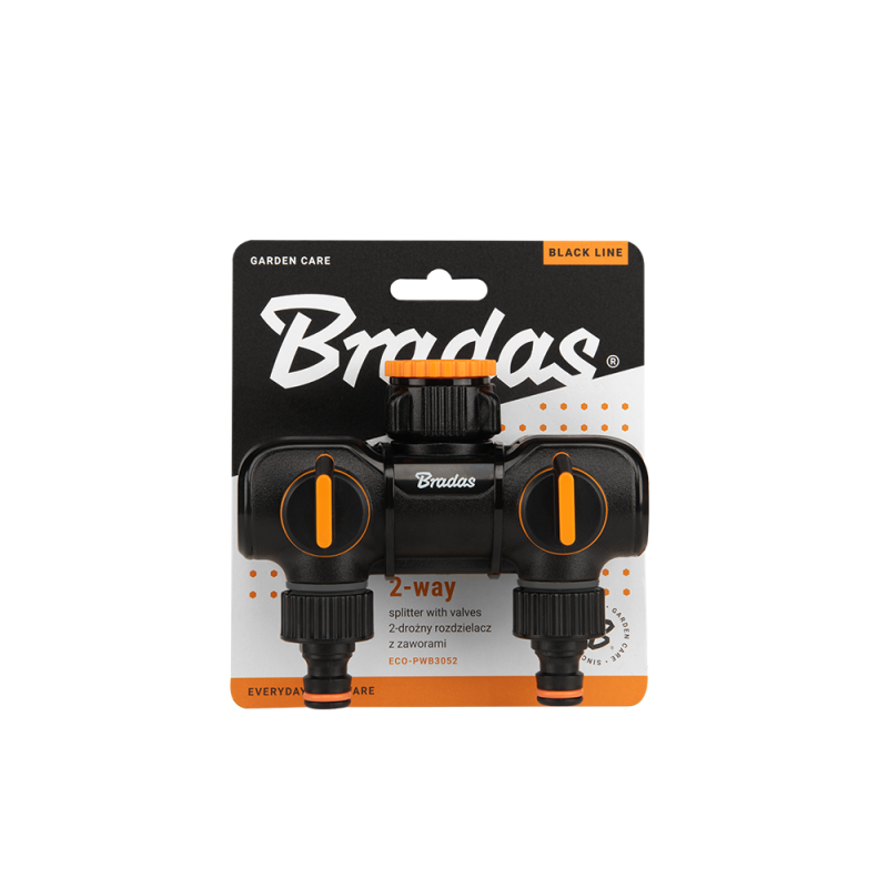 Packaged orange/black 2-way tap splitter with valves, Black Line
