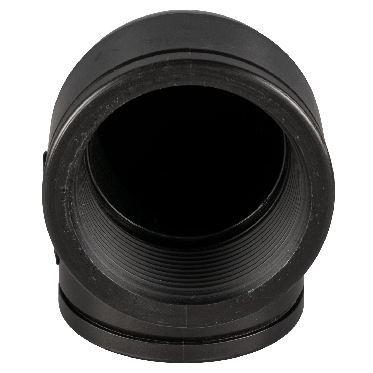 Black PP elbow 2" BSPF, end view showing internal ribbed thread