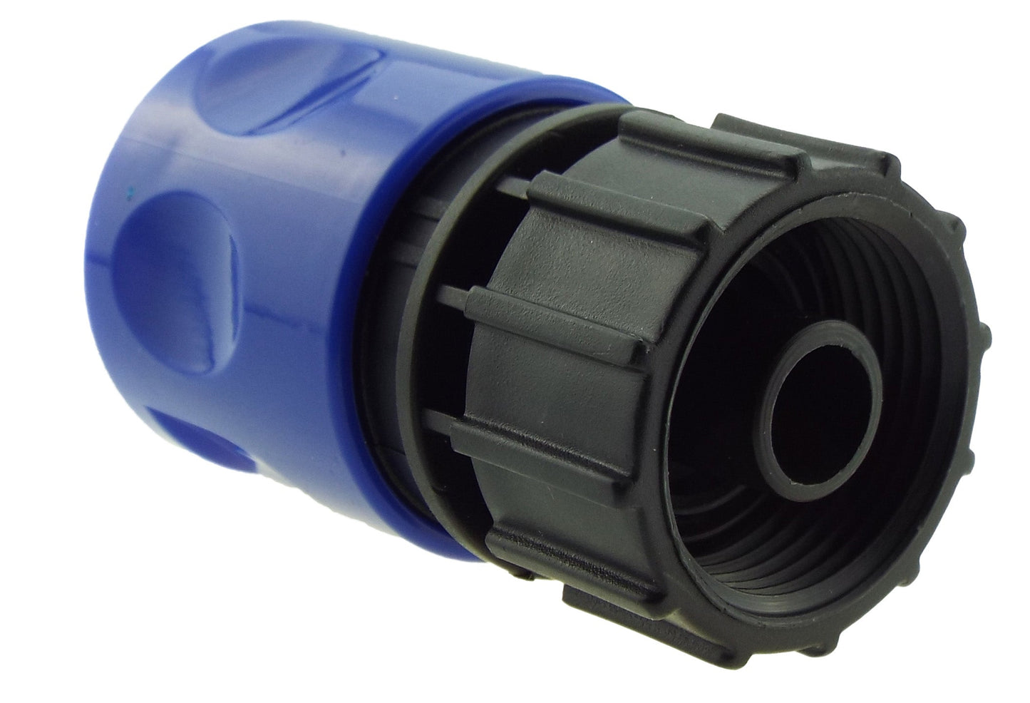 Blue quick-connect fitting with connector opening, black insert and sealing ring