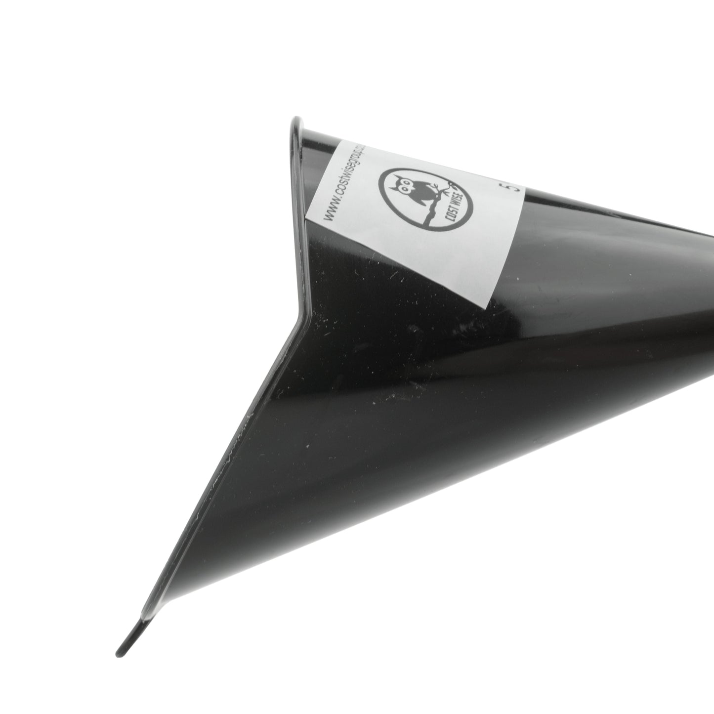 Black angle-top funnel with tapered nozzle and label band near the top