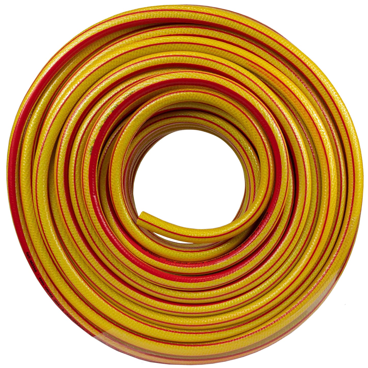 Yellow 6-layer garden hose (1/2 inch) red stripe, coiled roll isolated on white background