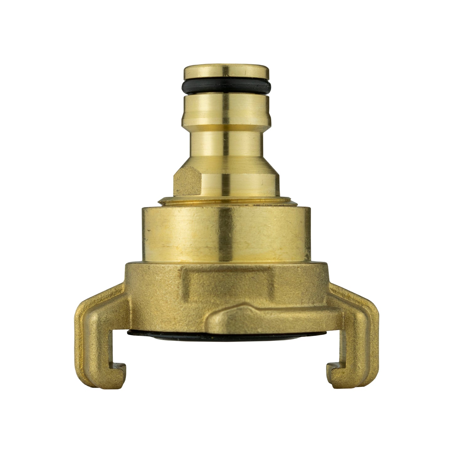 Brass Quick Connector – snap-on male hose fitting with black O-ring seal