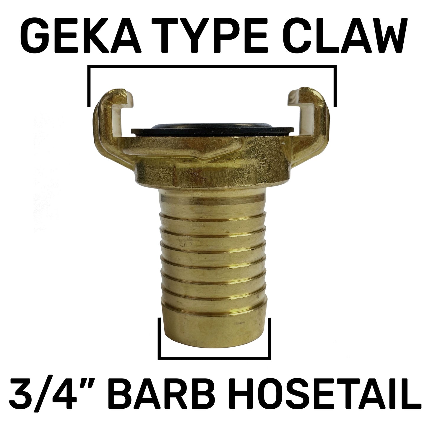 Brass 3/4" barb hose tail with metal retaining clips and rubber seal