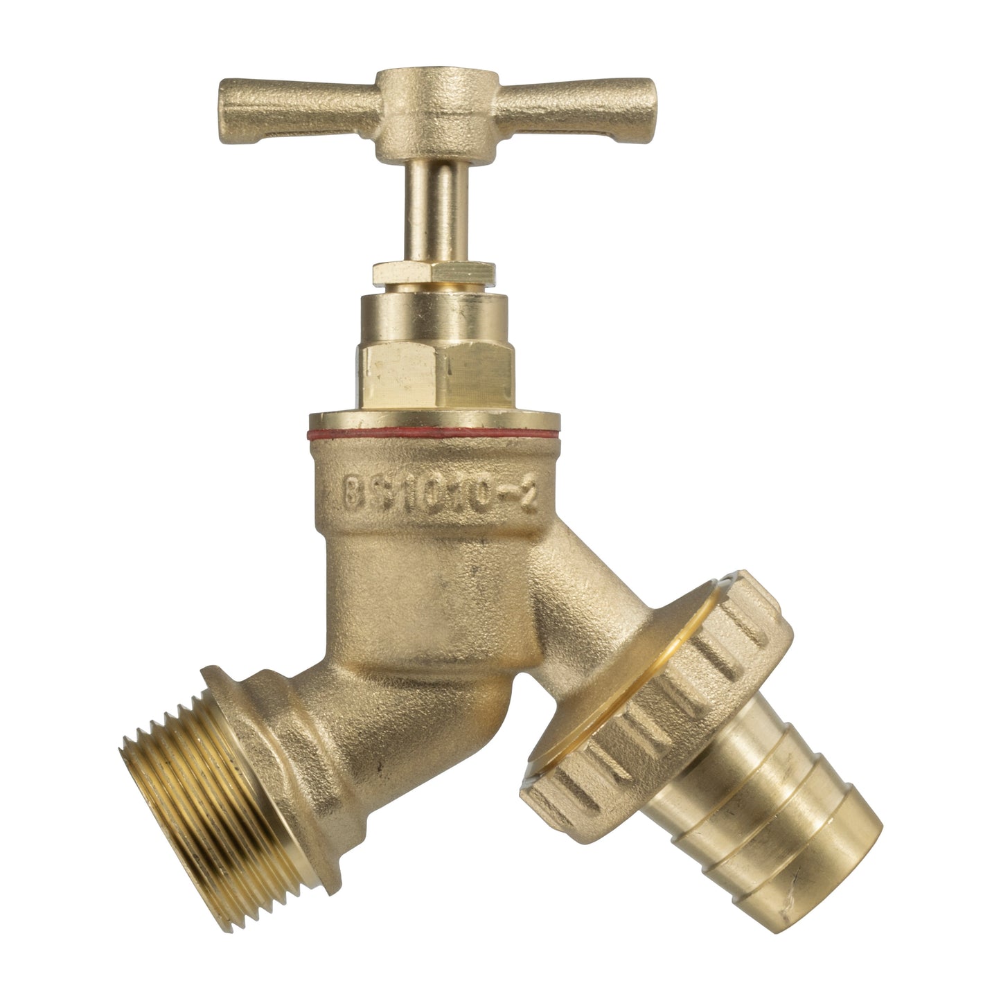 Brass tap body with lever handle and threaded outlets for water butt kit