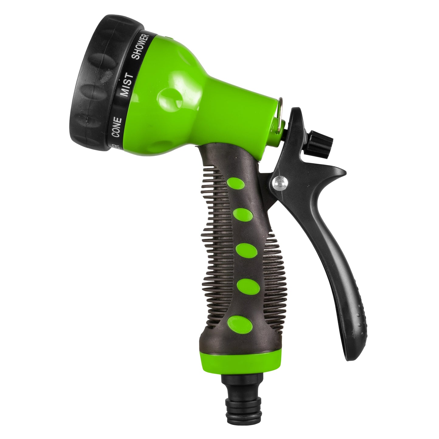 Green water hose sprayer gun with 8-pattern adjustable nozzle and black trigger handle