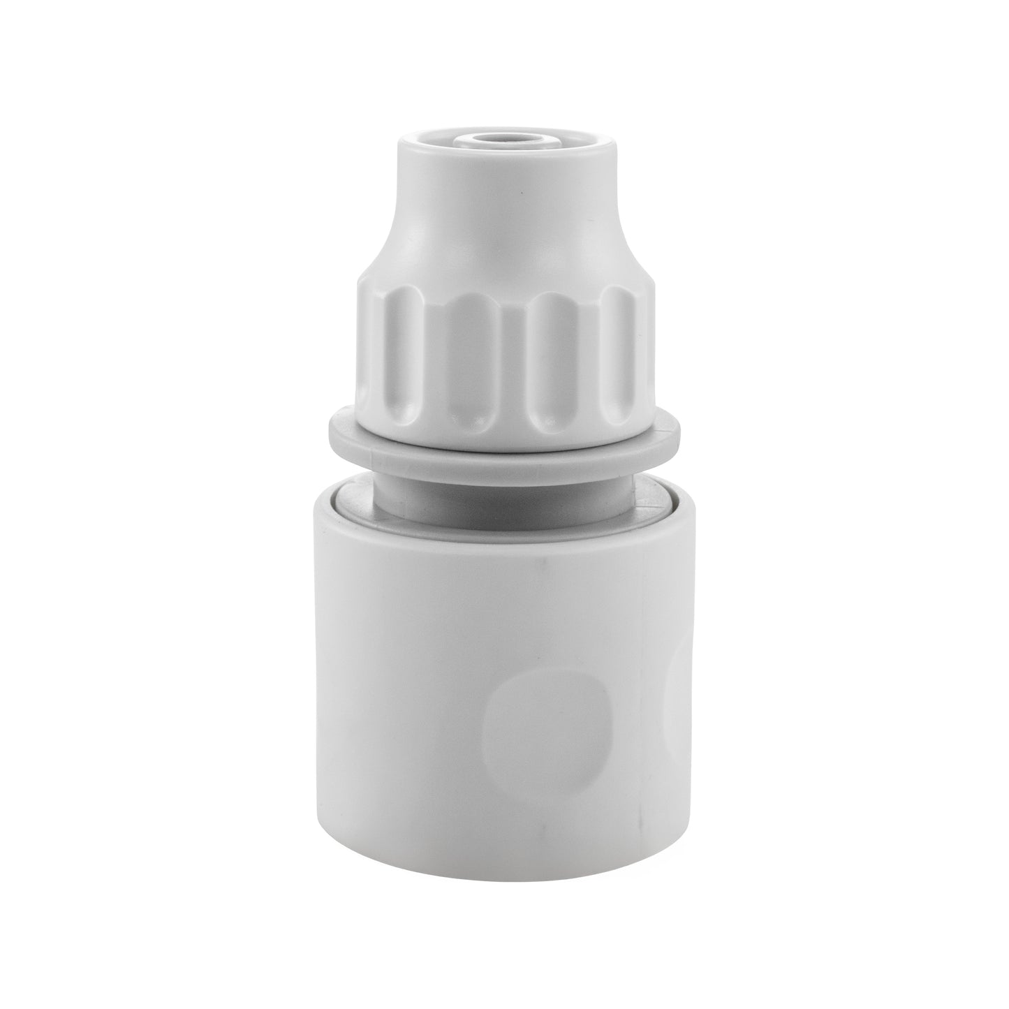10mm female hose connector with ridged collar and sealing ring, white/grey plastic