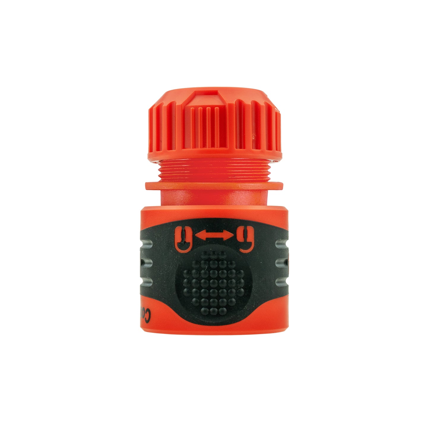 Orange quick-connect cap with black seal insert and hose-lock arrows