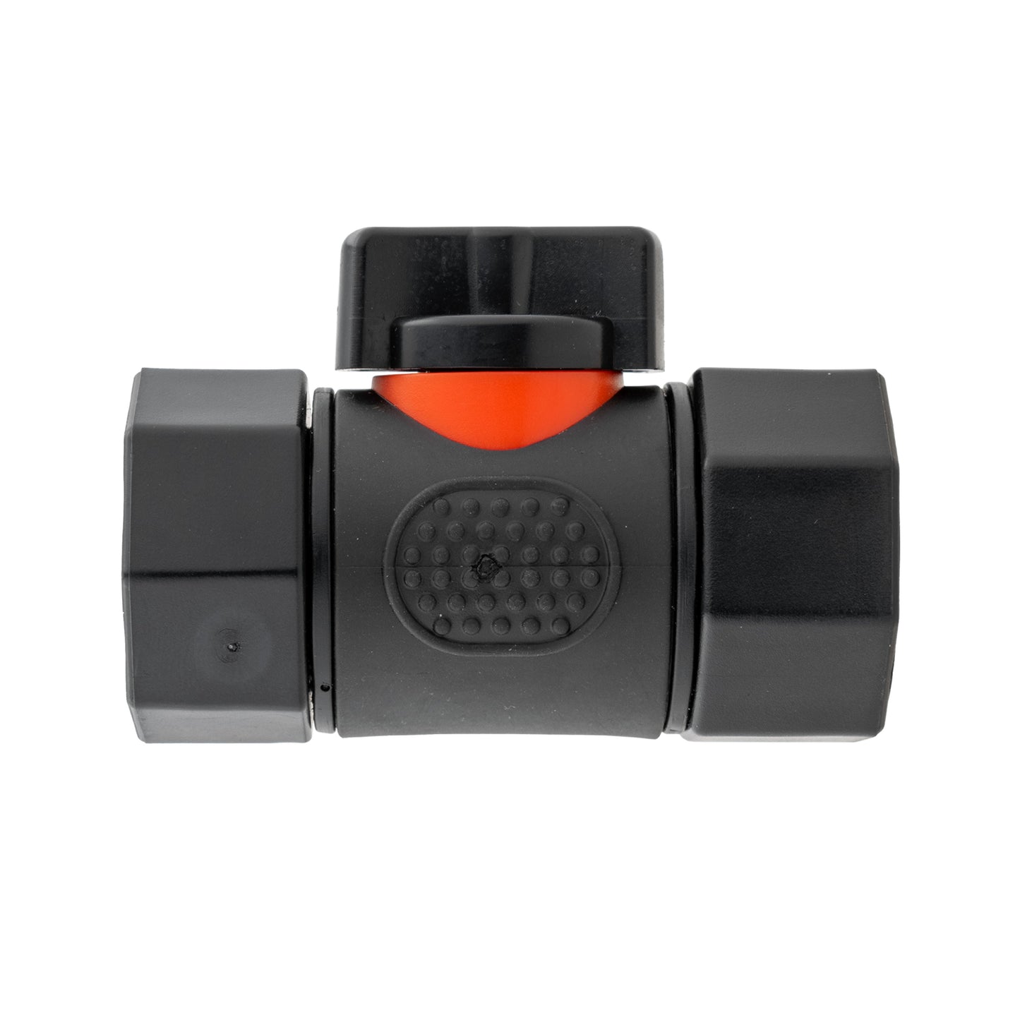 In-line BSPF valve with orange indicator, two 16mm barbed straight connectors, black body