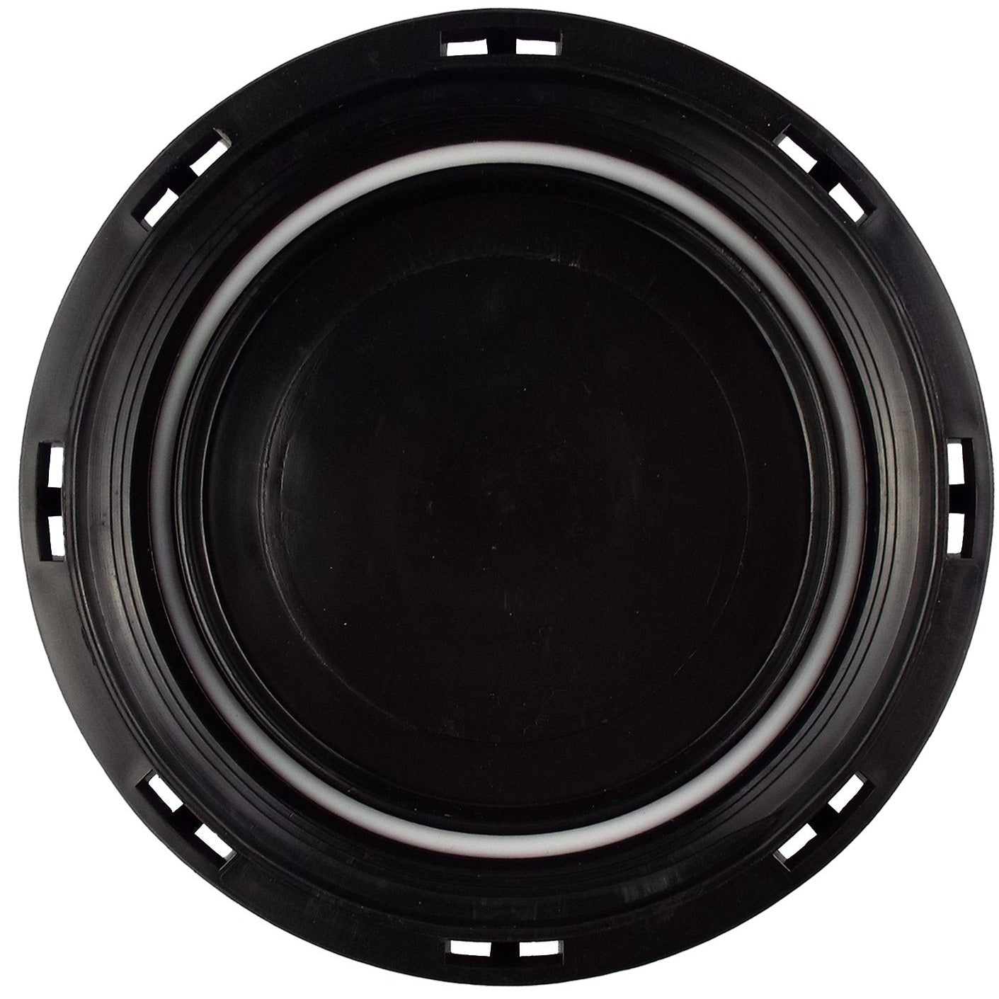 IBC tank blanking lid, black cover with white gasket ring and clip points