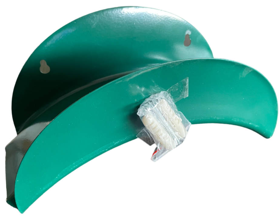 Green metal hose hanger with circular mount holes and bundled fastener pack