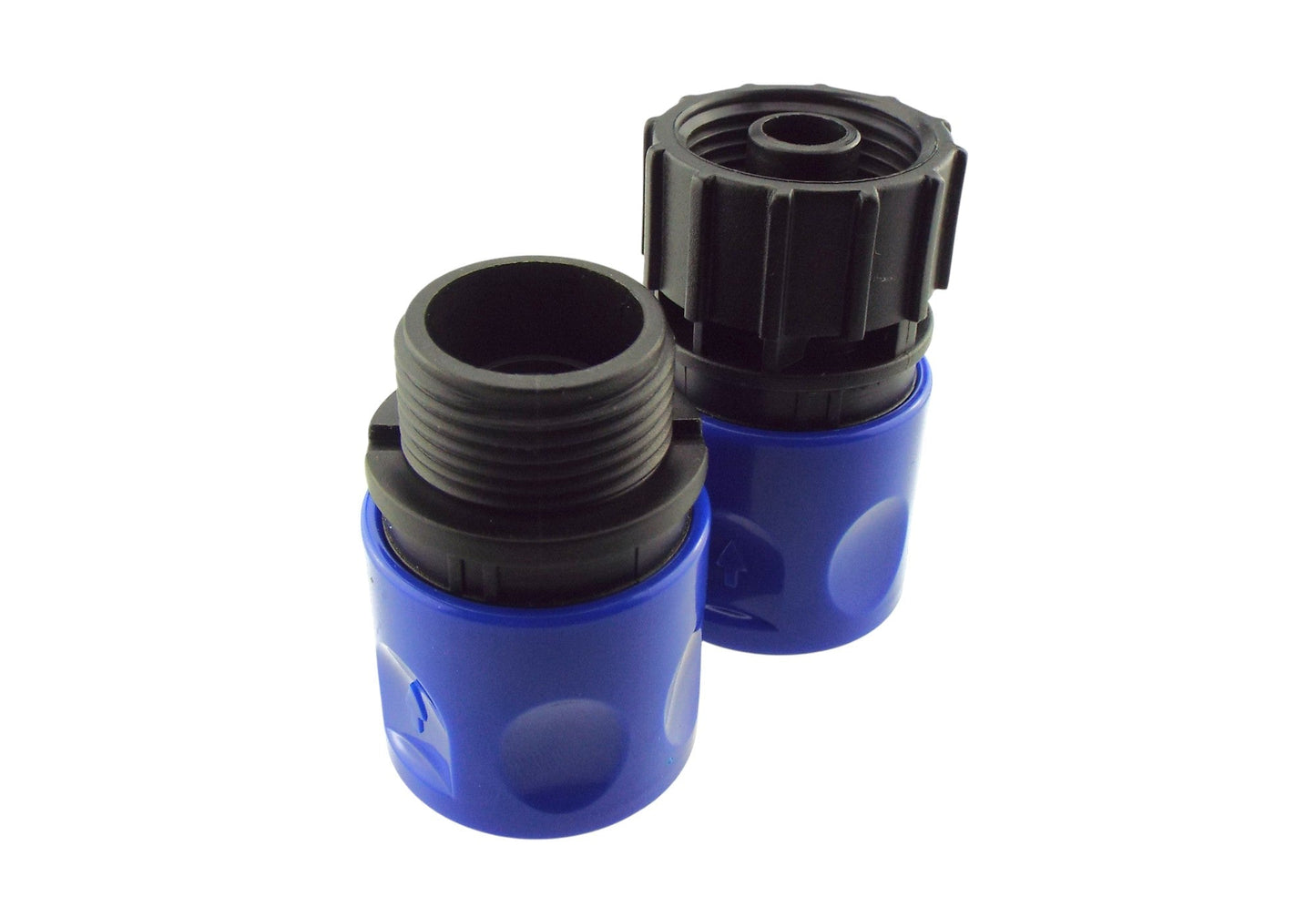 Blue hose quick connector set with two threaded fittings, black collar, and arrow icons