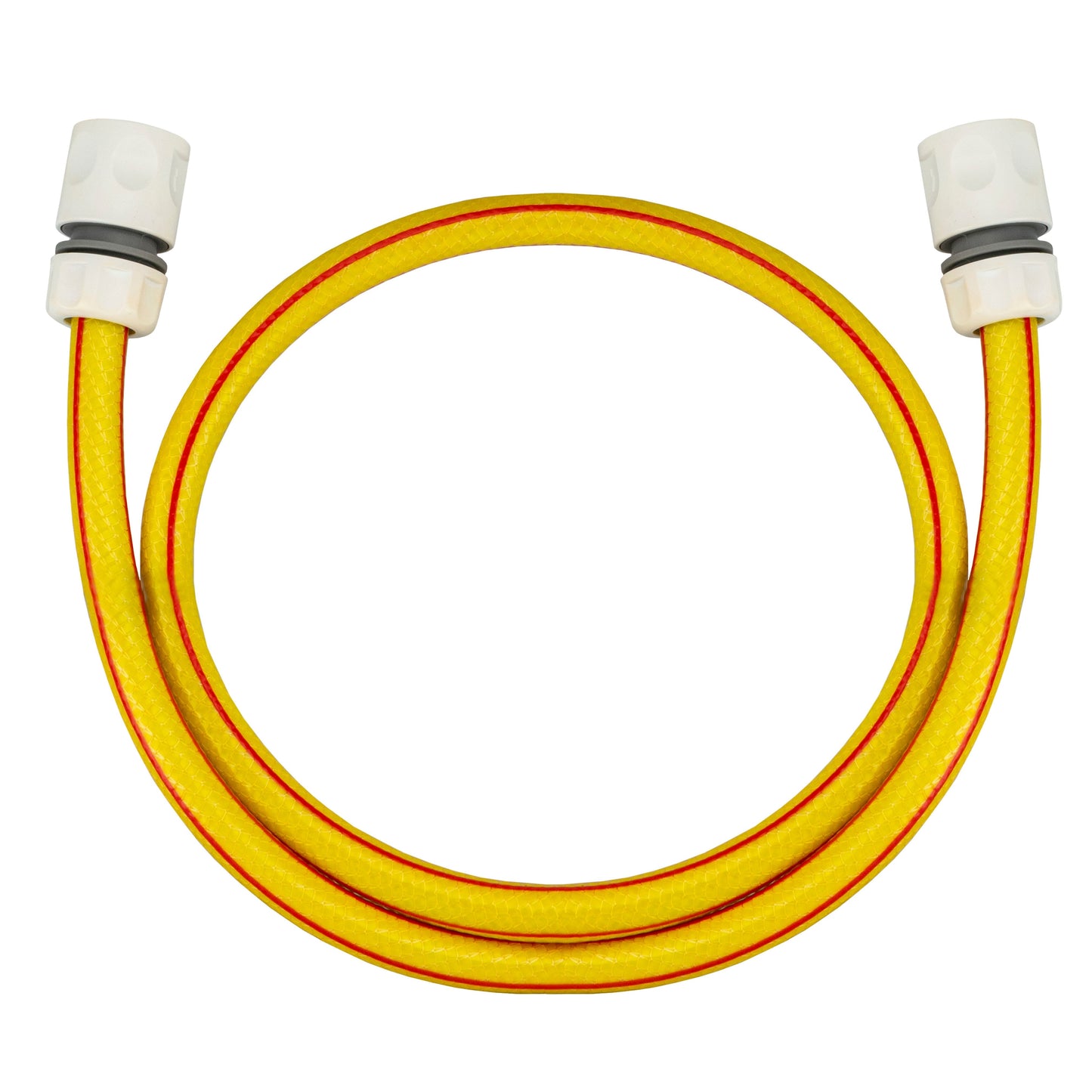 Coiled yellow garden hose with two gray connectors and coupling ends