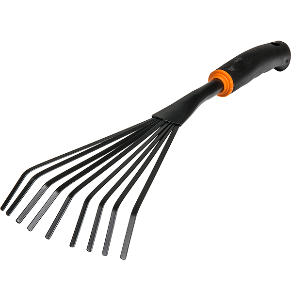 9-Zinken Gartenrechen „DE LUXE“ mit schwarzem Griff und orangefarbenem Ring