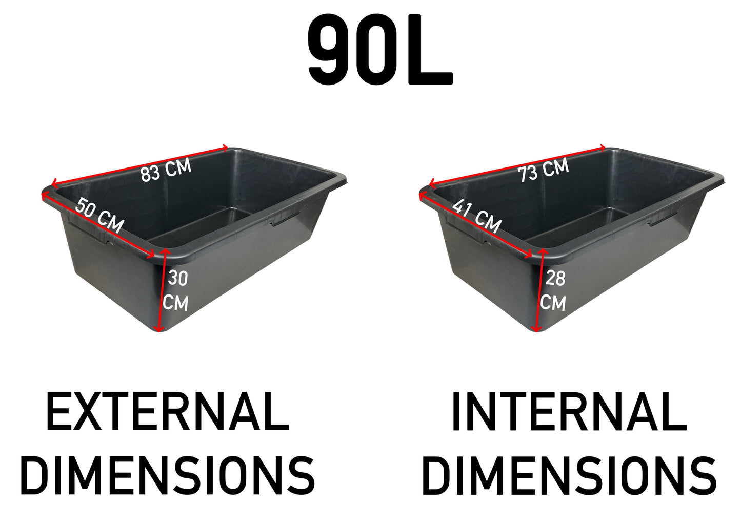 Dog bath capacity 90 L with external and internal dimension diagrams in cm