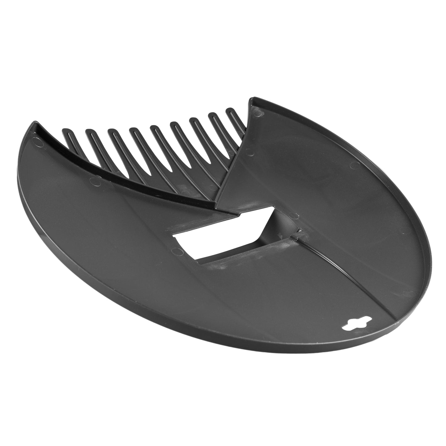 Dark gray leaf scoop base with internal scoop opening and tine rake edge