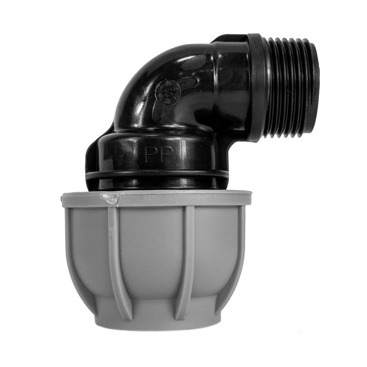 IBC 6-inch cap kit: black 25mm MDPE elbow with threaded end, gray cap insert