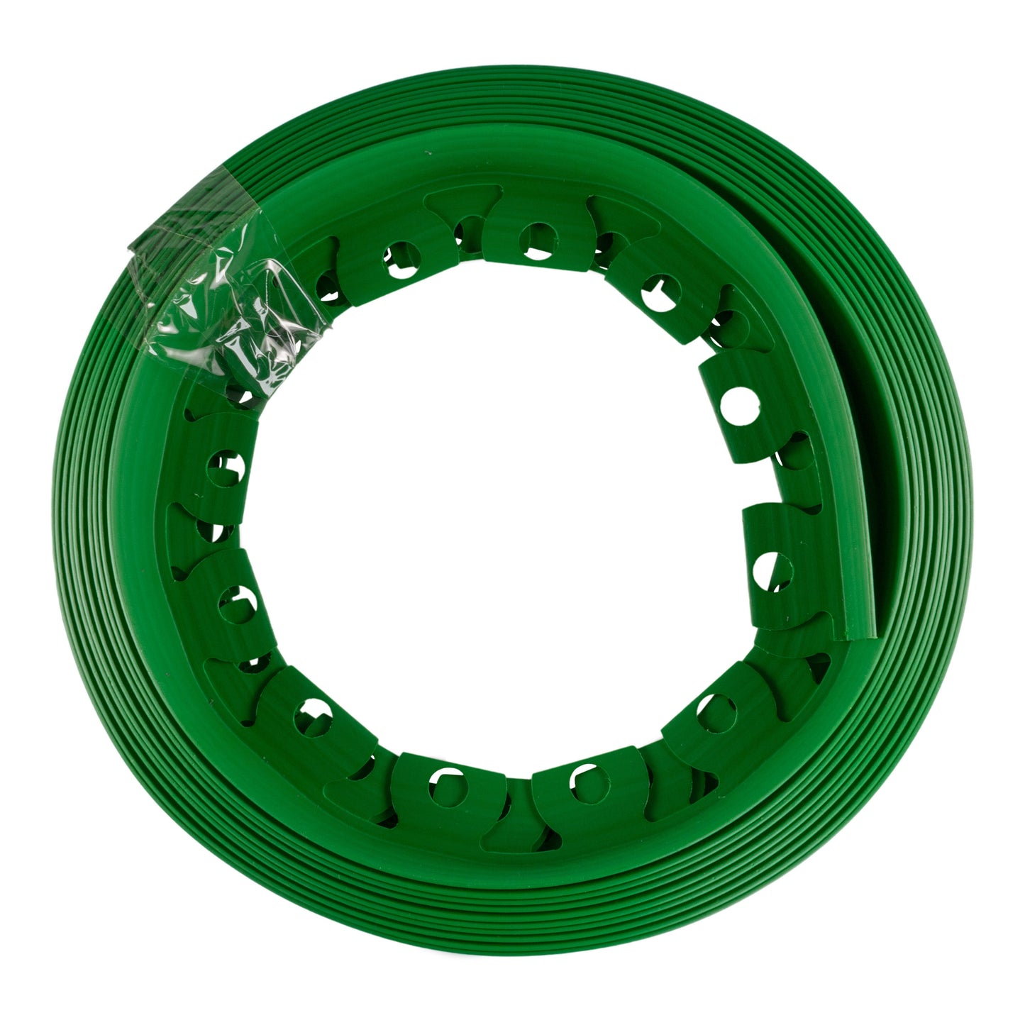 Green Easy Border lawn edging roll with curved sections, slots, and clear protective wrap