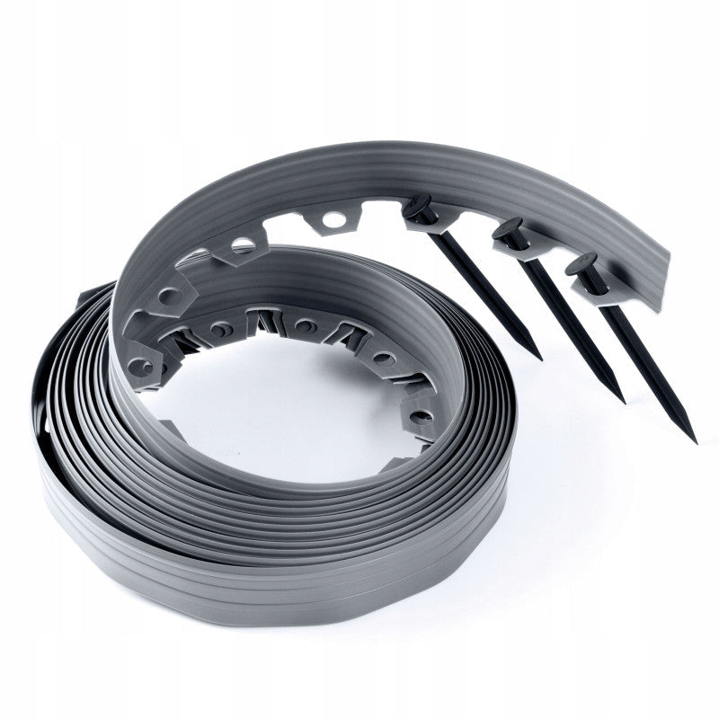 Black pegs with lawn edging roll, pointed stakes and coiled edging