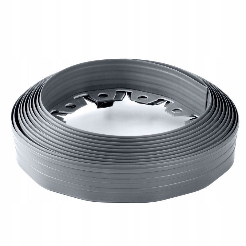 Gray lawn border edging roll with curved corner joining pieces and holes
