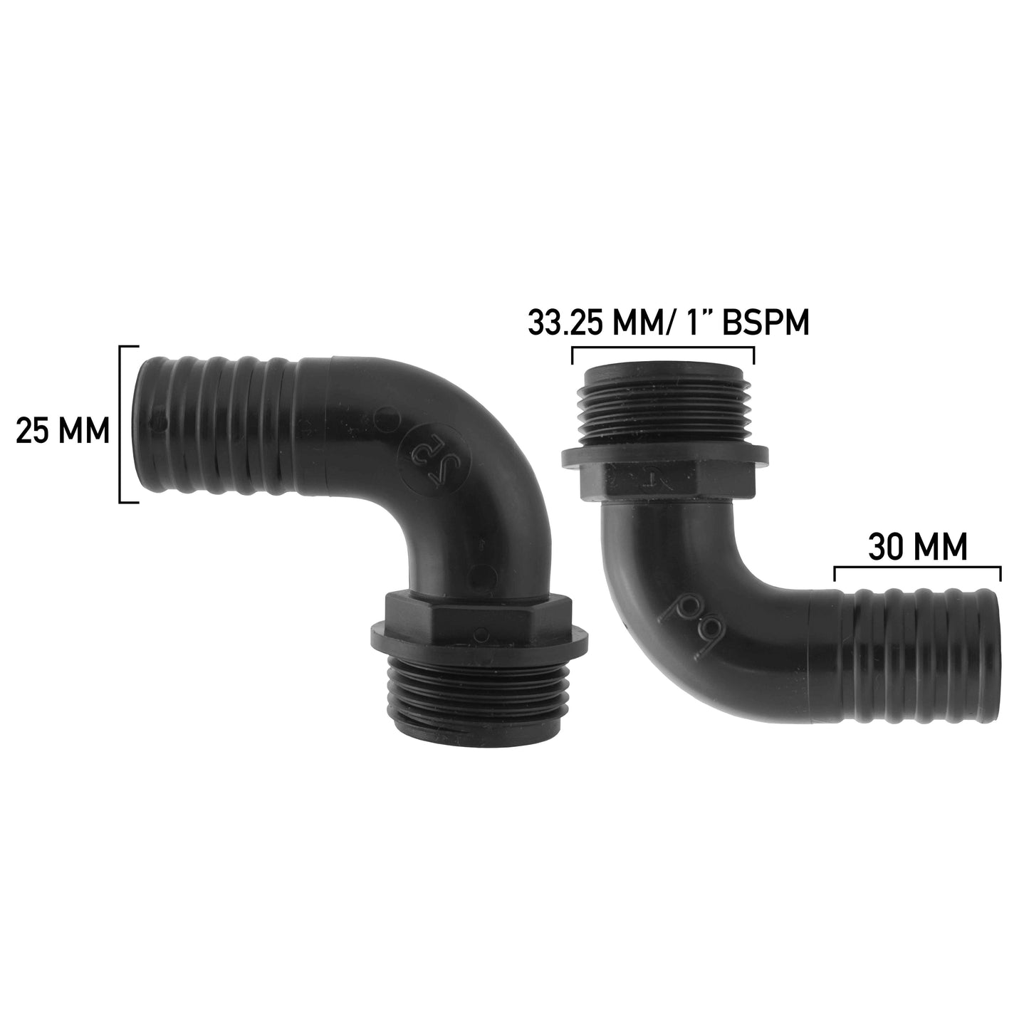 Pond elbow connector with 1" BSPM thread and 25mm hose barb, 30mm inlet