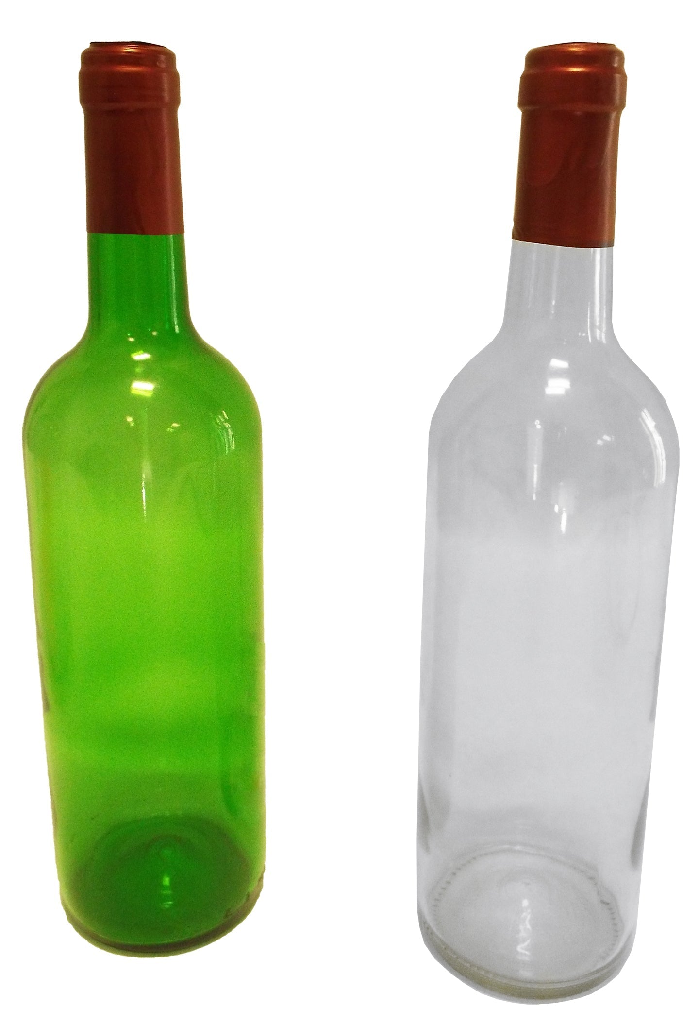 Green and clear bottles with shrink cap toppers on the bottle neck