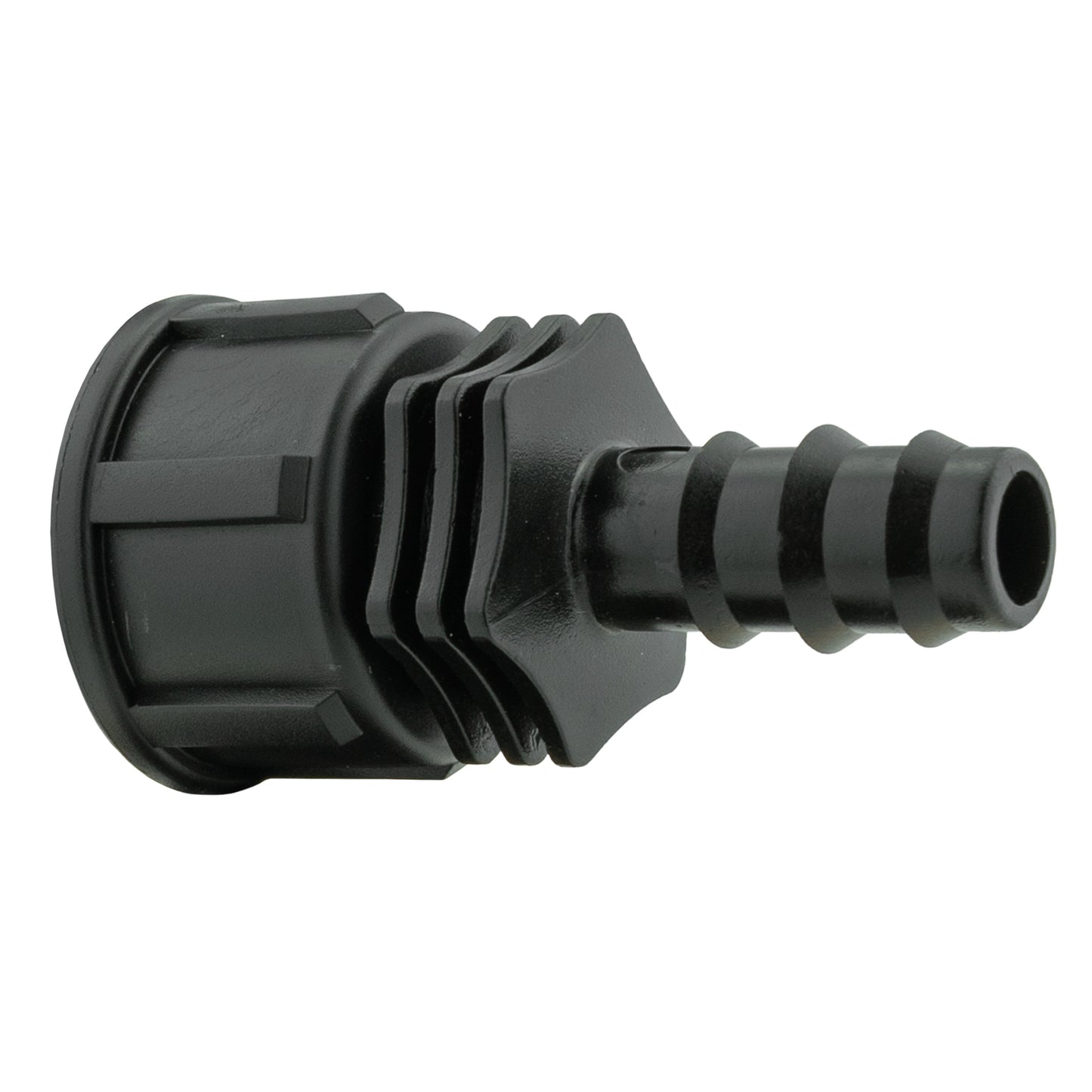 1/2" irrigation pipe joiner with 3/4" BSPF thread, black plastic connector