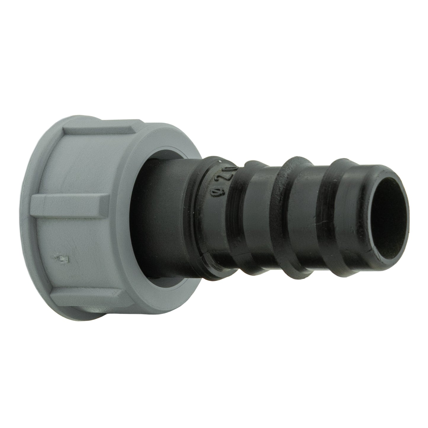 Gray BSP end of barbed straight fitting with black barbed coupling and ridged thread