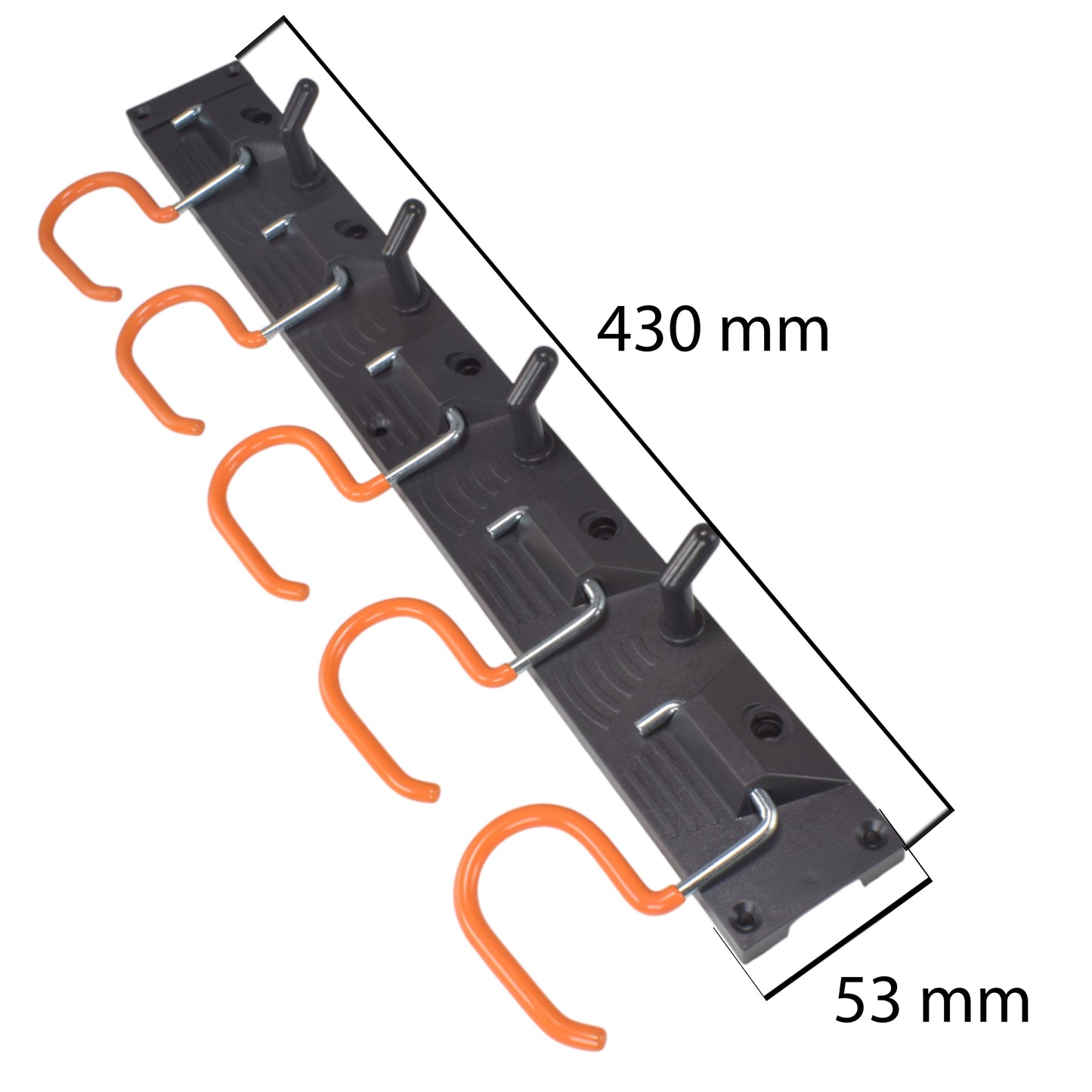 Tool rail size 430 mm x 53 mm with orange hanging hooks